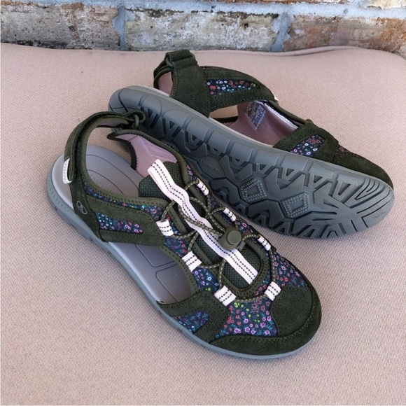 Lands End Suede Fabric Floral Green Bungee Cord Close Toe Women Sport Sandal 9B - Picture 3 of 14